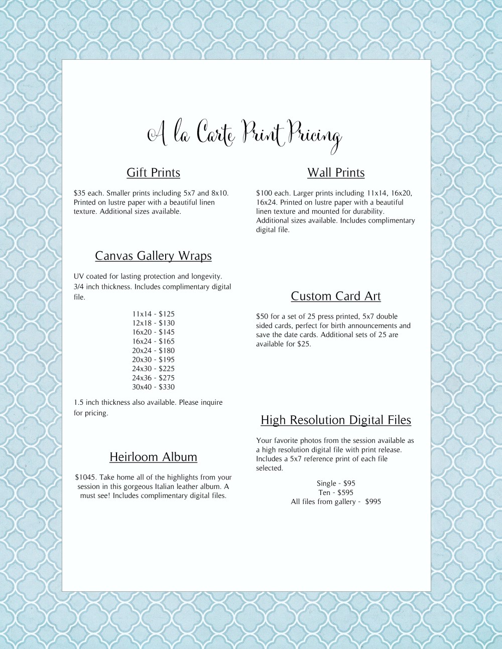 2016 pricing a la carte