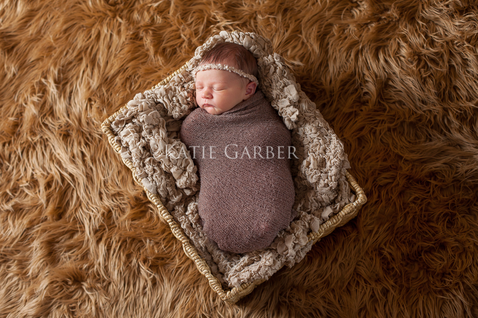 baby in basket on fur blanket