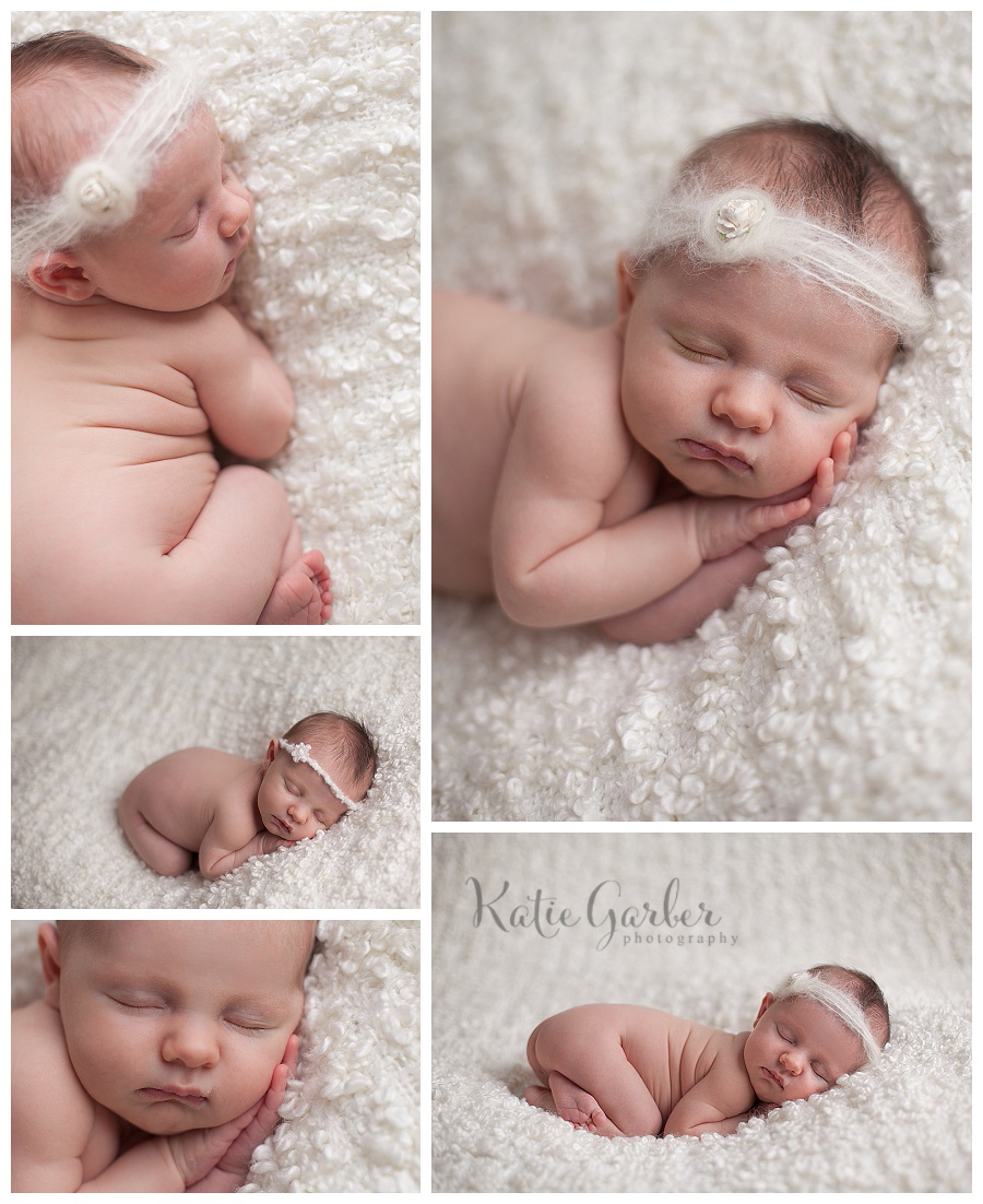 baby girl on white blanket wearing headband